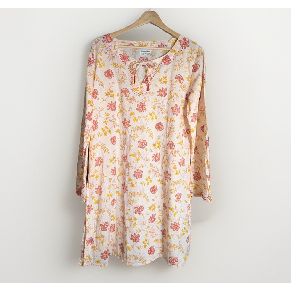 World Market Long Tunic Beach Cover Up Size Large Peach Red Floral Lightweight